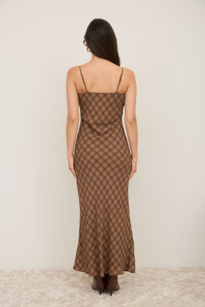 Brown Plaid Sleeveless Maxi Dress