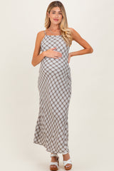 Ivory Plaid Sleeveless Maternity Maxi Dress