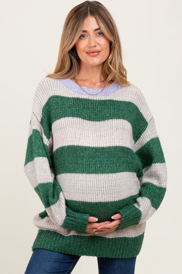 Green Wide Stripe Chunky Knit Maternity Sweater