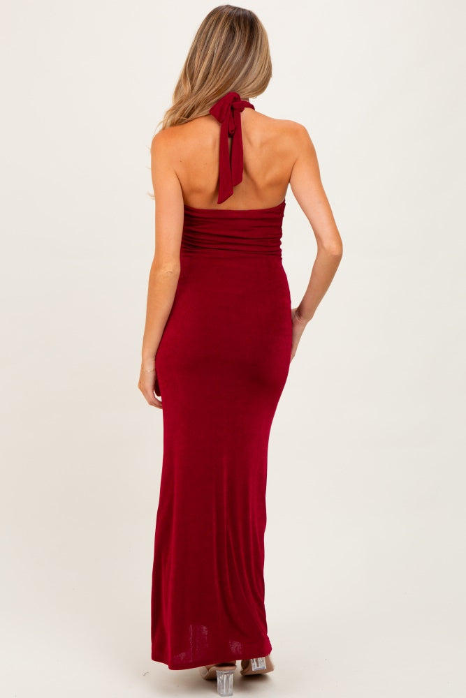 Burgundy Halter Pendant Maternity Maxi Dress
