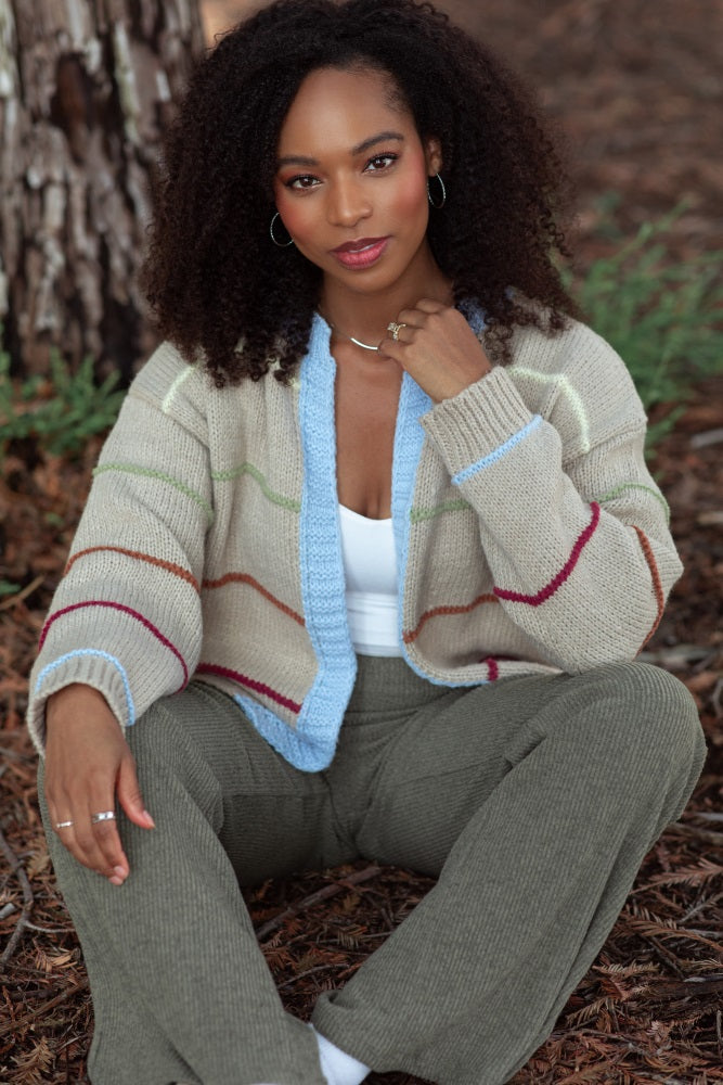 Beige Multicolor Stripe Chunky Knit Cardigan