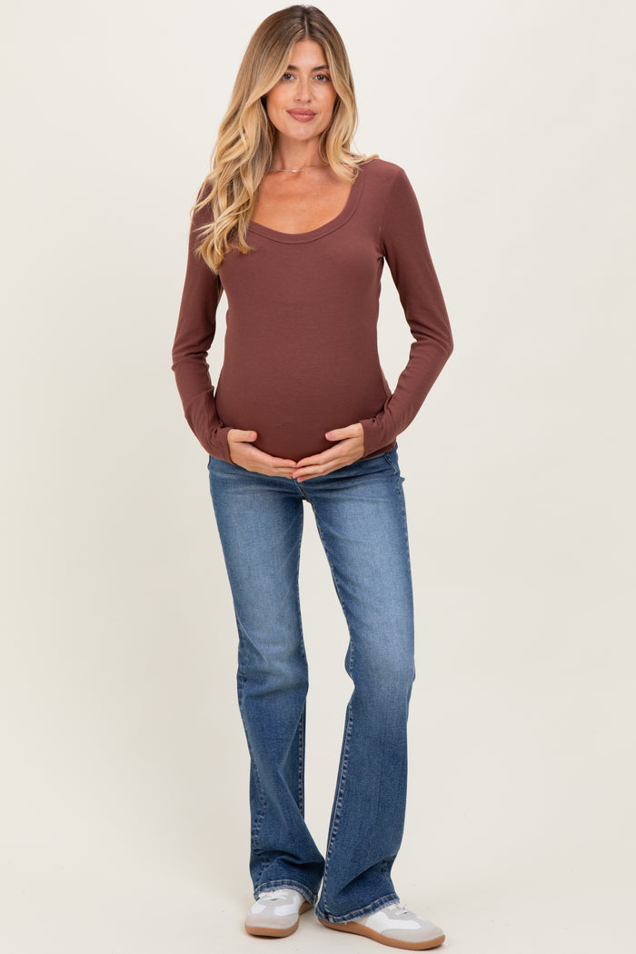 Dark Mocha Ribbed Square Neck Long Sleeve Maternity Top