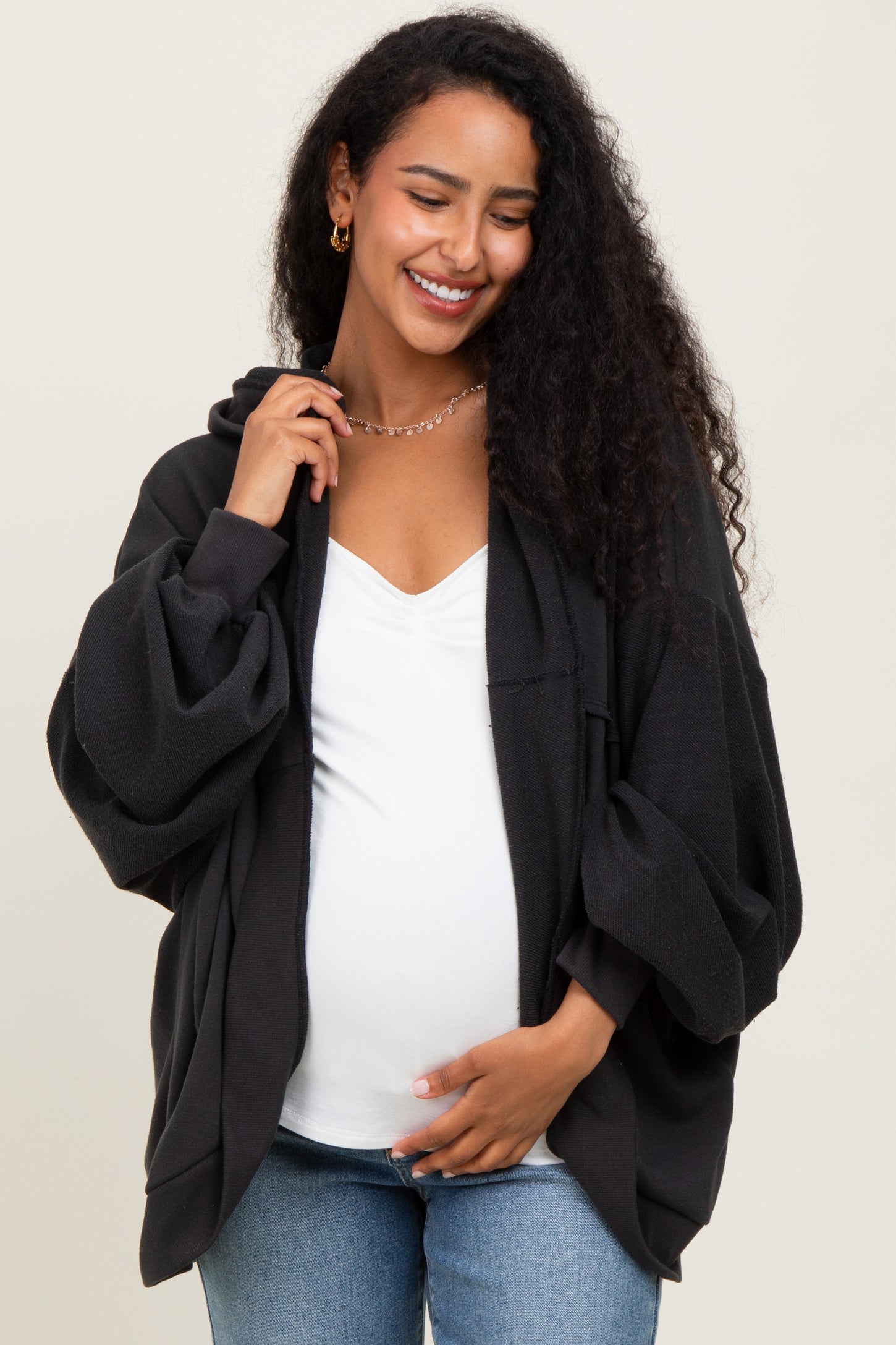 Black Solid Terry Long Dolman Sleeve Vintage Maternity Hoodie