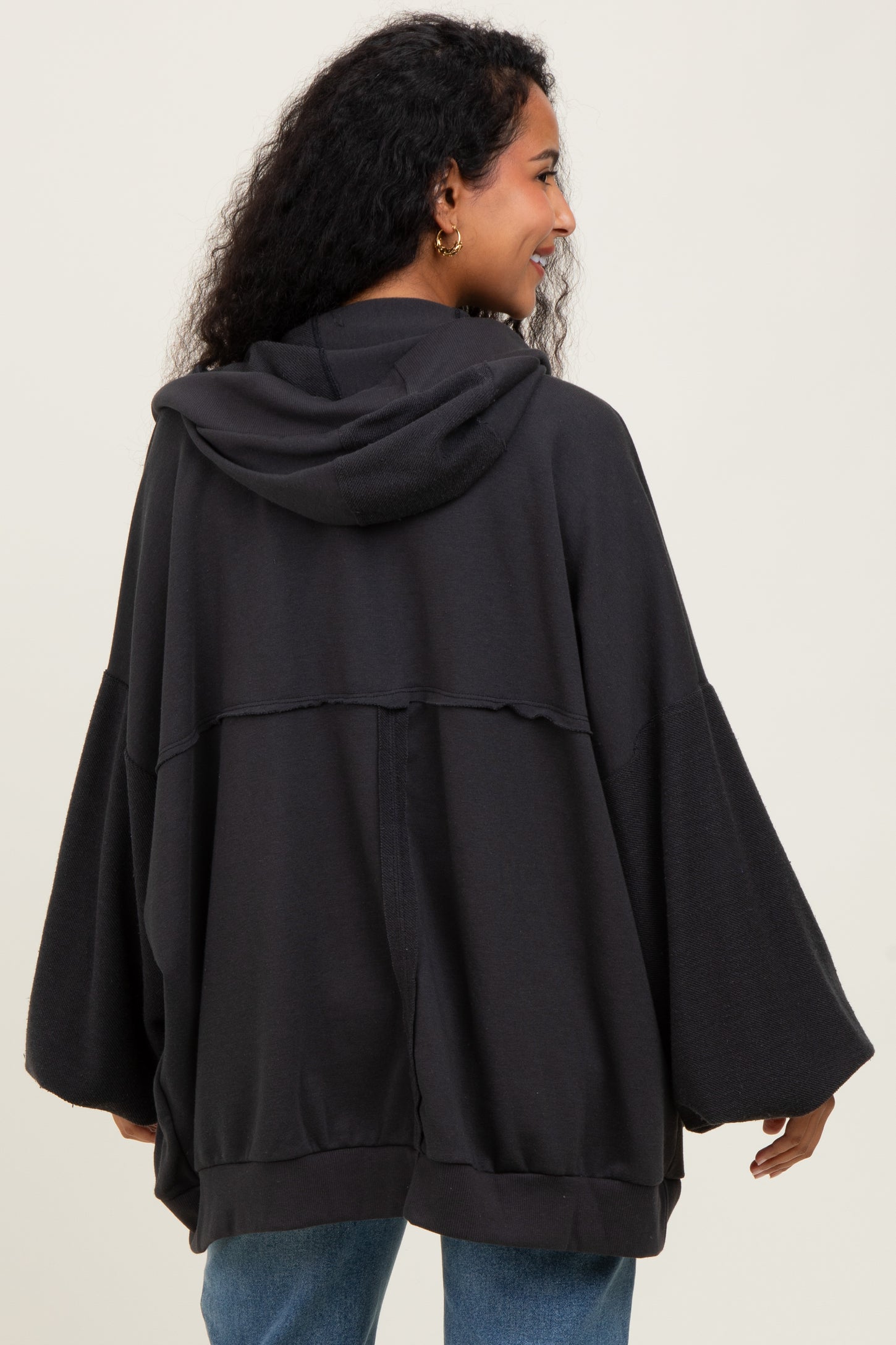 Black Solid Terry Long Dolman Sleeve Vintage Maternity Hoodie