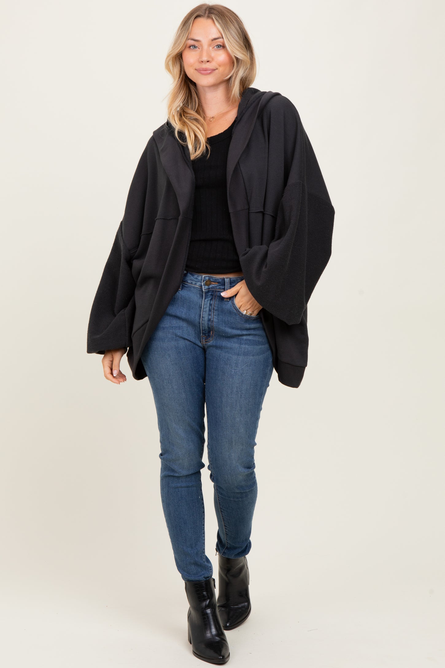 Black Solid Terry Long Dolam Sleeve Vintage Hoodie