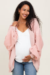 Pink Solid Terry Long Dolman Sleeve Vintage Maternity Hoodie