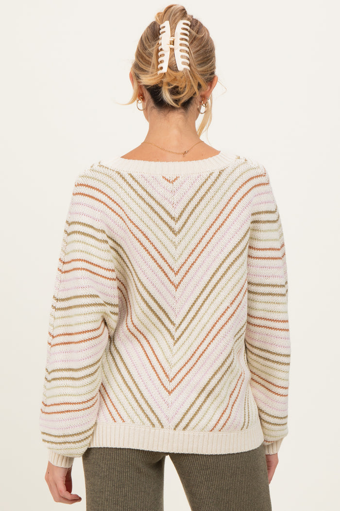 Beige Multi Crew Neck Striped Long Sleeve Maternity Sweater