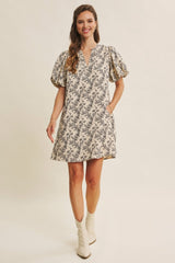 Cream Textured Floral Bubble Sleeve A-Line Mini Dress