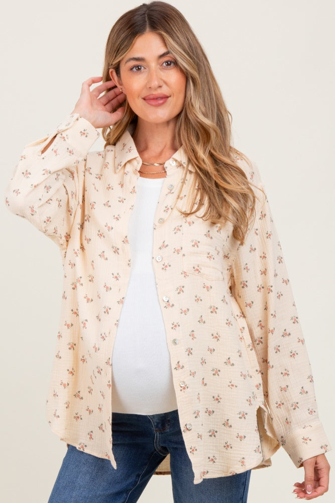 Cream Floral Cotton Gauze Oversized Button-Down Maternity Shirt