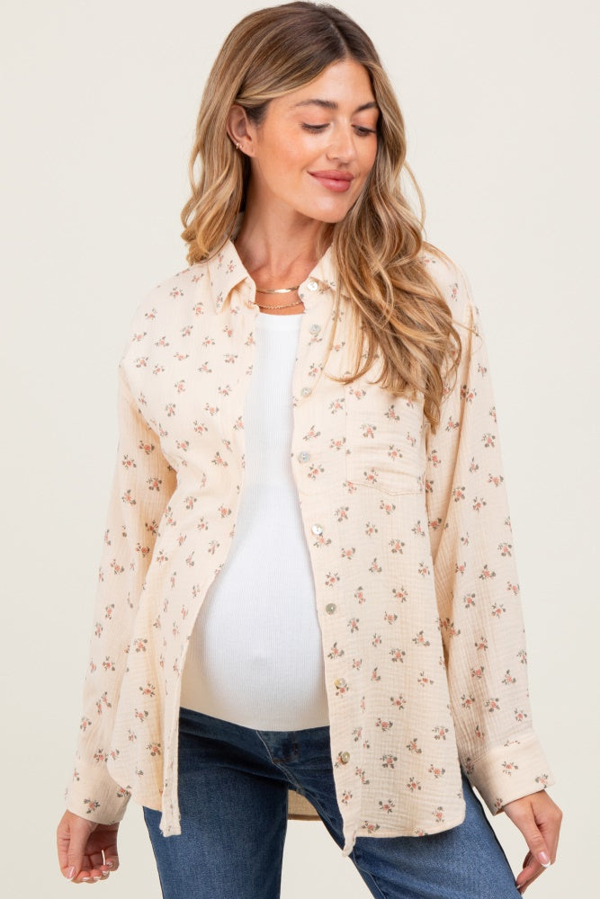 Cream Floral Cotton Gauze Oversized Button-Down Maternity Shirt