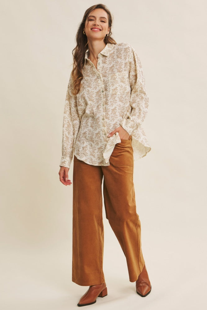 Mocha Floral Cotton Gauze Oversized Button-Down Shirt