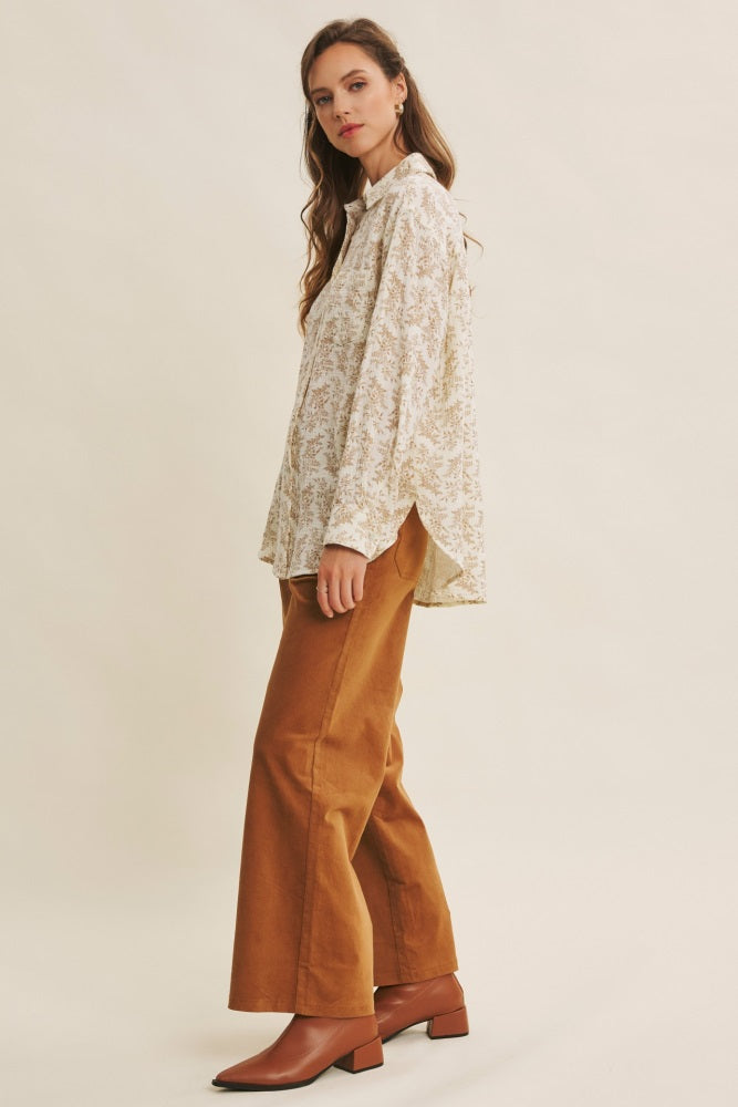 Mocha Floral Cotton Gauze Oversized Button-Down Shirt