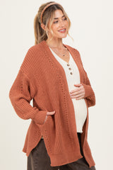Camel Solid Long Sleeve Open Cable Maternity Cardigan
