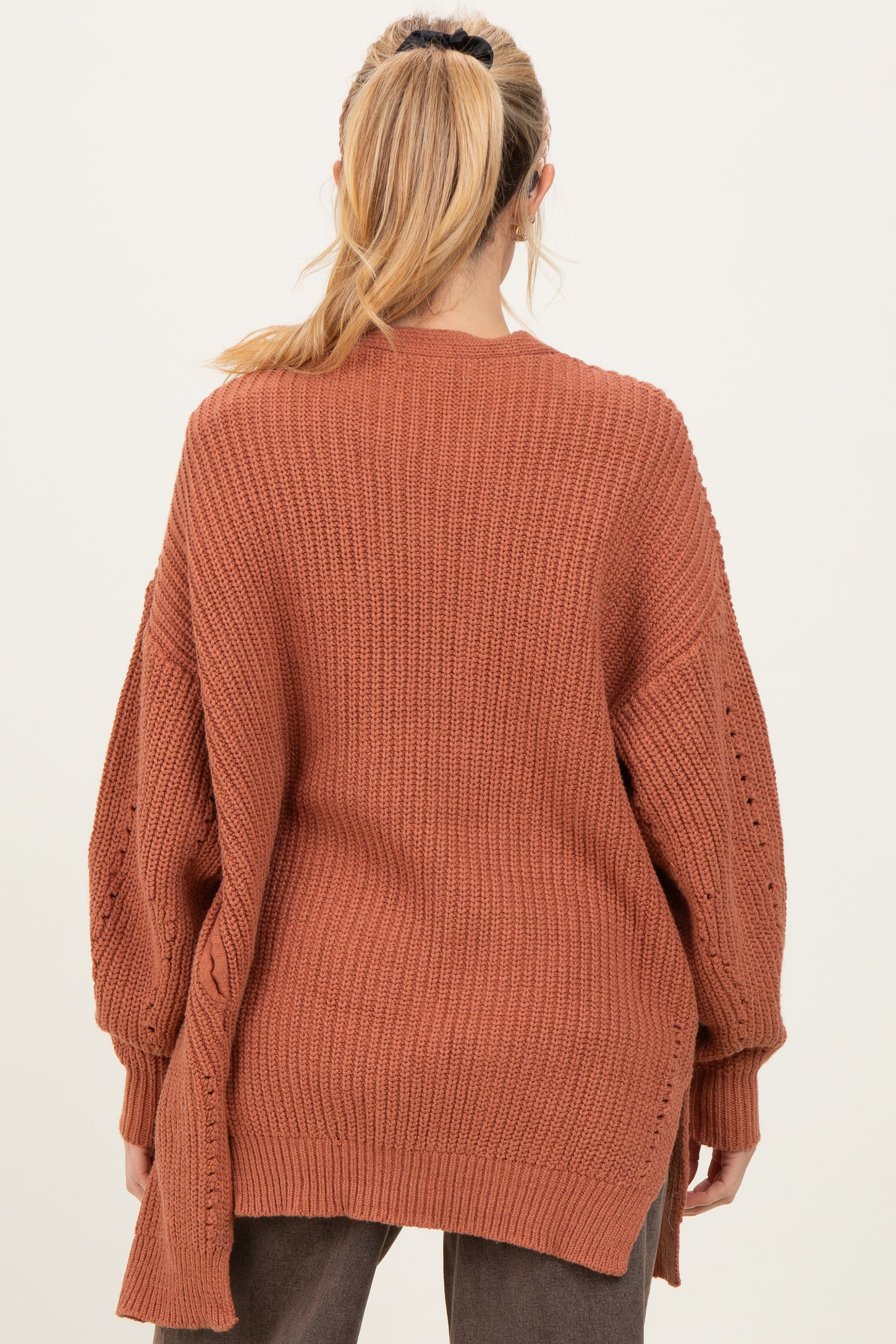 Camel Solid Long Sleeve Open Cable Maternity Cardigan