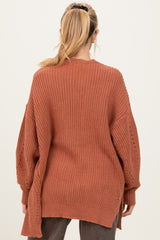 Camel Solid Long Sleeve Open Cable Maternity Cardigan
