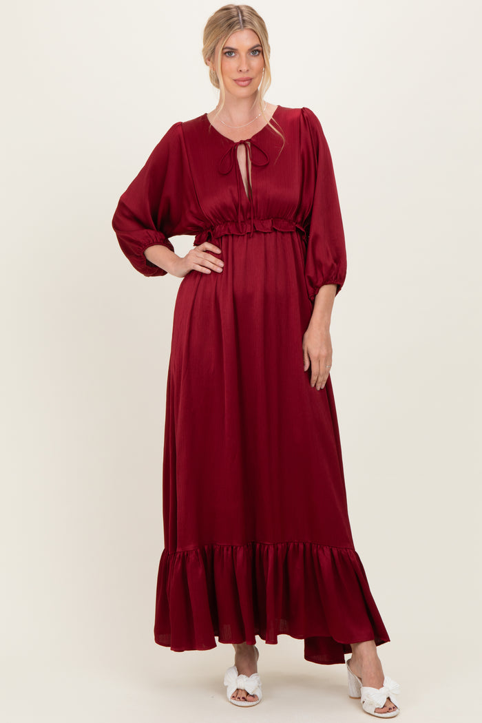 Burgundy Solid Satin Long Sleeve Open V-Neck Ruffle Waist Tiered Maternity Maxi Dress