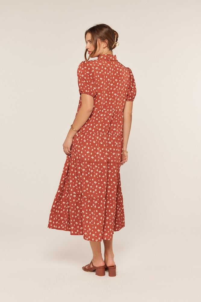 Rust Printed Button Up Tiered Midi Dress