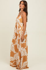 Camel Leaf Print Sleeveless Maxi Dress