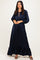 Navy Solid Satin Long Sleeve Open V-Neck Ruffle Waist Tiered Maxi Dress