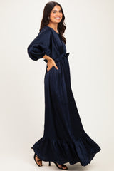Navy Solid Satin Long Sleeve Open V-Neck Ruffle Waist Tiered Maxi Dress