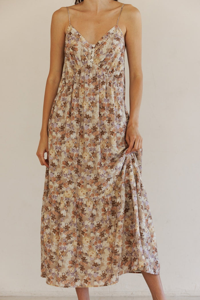 Taupe Floral Front Button Sleeveless Midi Dress