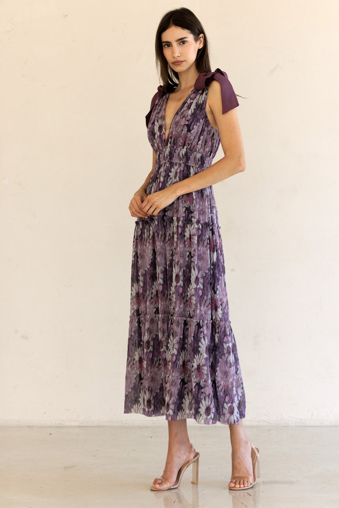 Purple Floral Mesh Deep V-Neck Shoulder Tie Maxi Dress