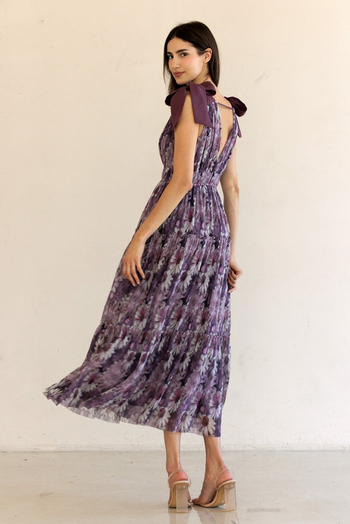Purple Floral Mesh Deep V-Neck Shoulder Tie Maxi Dress