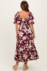 Burgundy Floral Short Sleeve Square Neck Tiered Maxi Dress