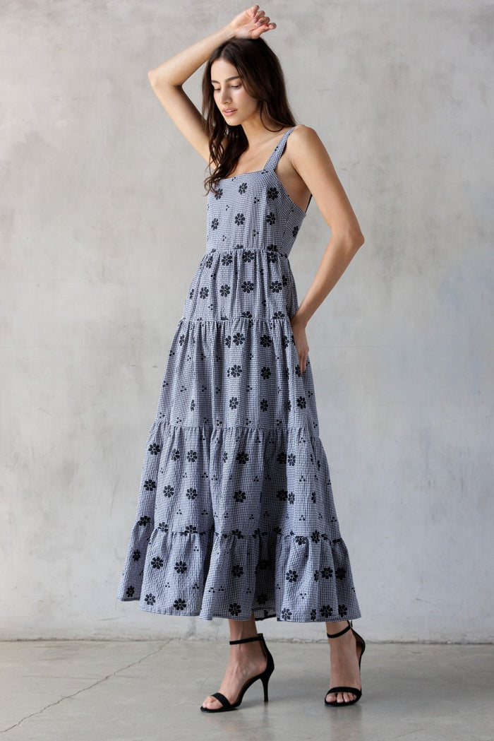 Black Gingham Floral Embroidered Maxi Dress