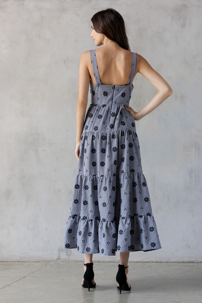 Black Gingham Floral Embroidered Maxi Dress