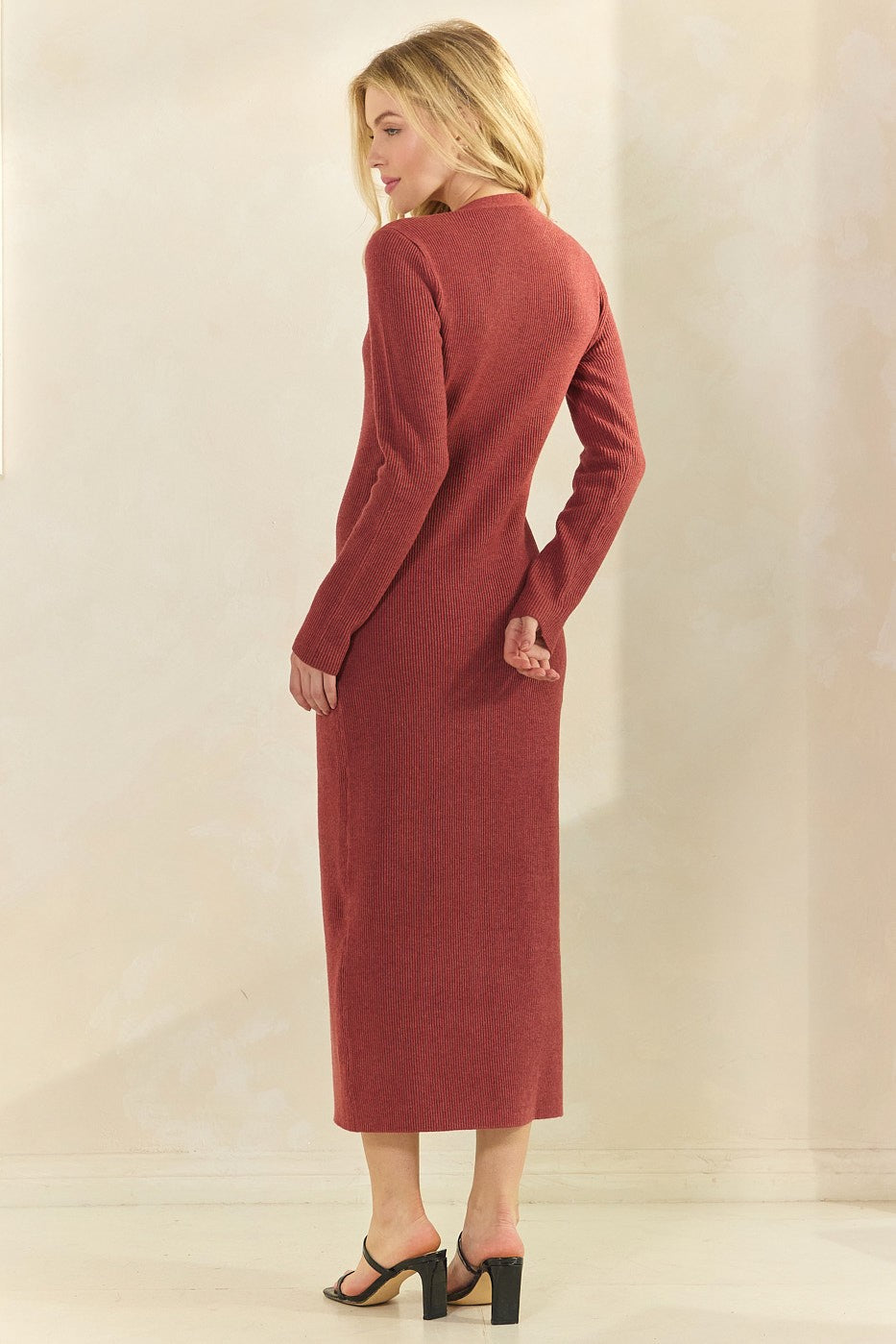 Rust Ribbed Knit Button Down Long Sleeve Midi Dress