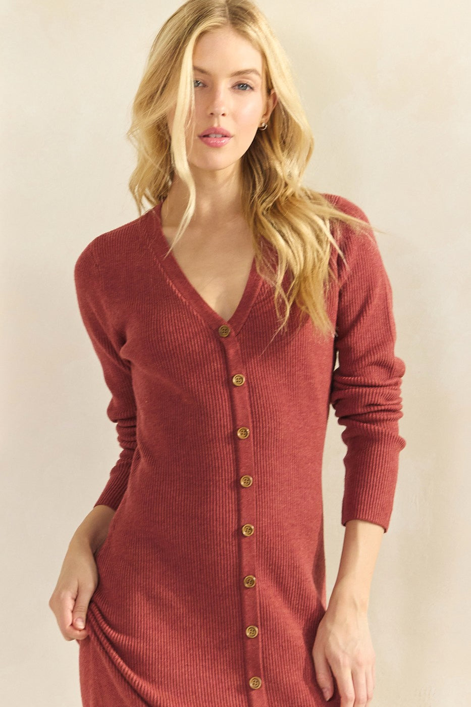Rust Ribbed Knit Button Down Long Sleeve Midi Dress