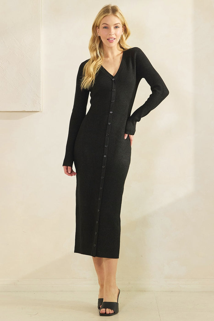 Black Ribbed Knit Button Down Long Sleeve Maternity Midi Dress