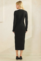 Black Ribbed Knit Button Down Long Sleeve Midi Dress