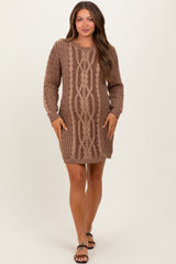 Brown Two Tone Cable Knit Maternity Mini Sweater Dress