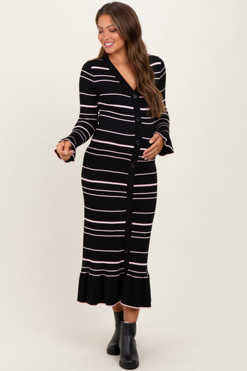 Black Striped Knit Ruffle Hem Button Down Maternity Midi Dress
