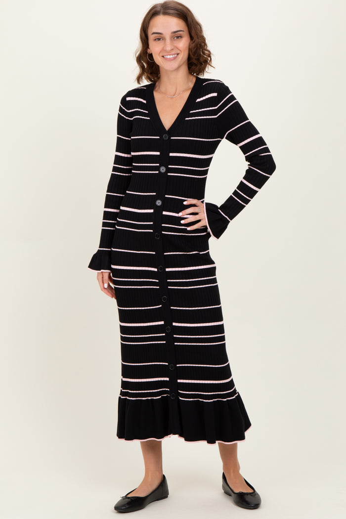 Black Striped Knit Ruffle Hem Button Down Midi Dress