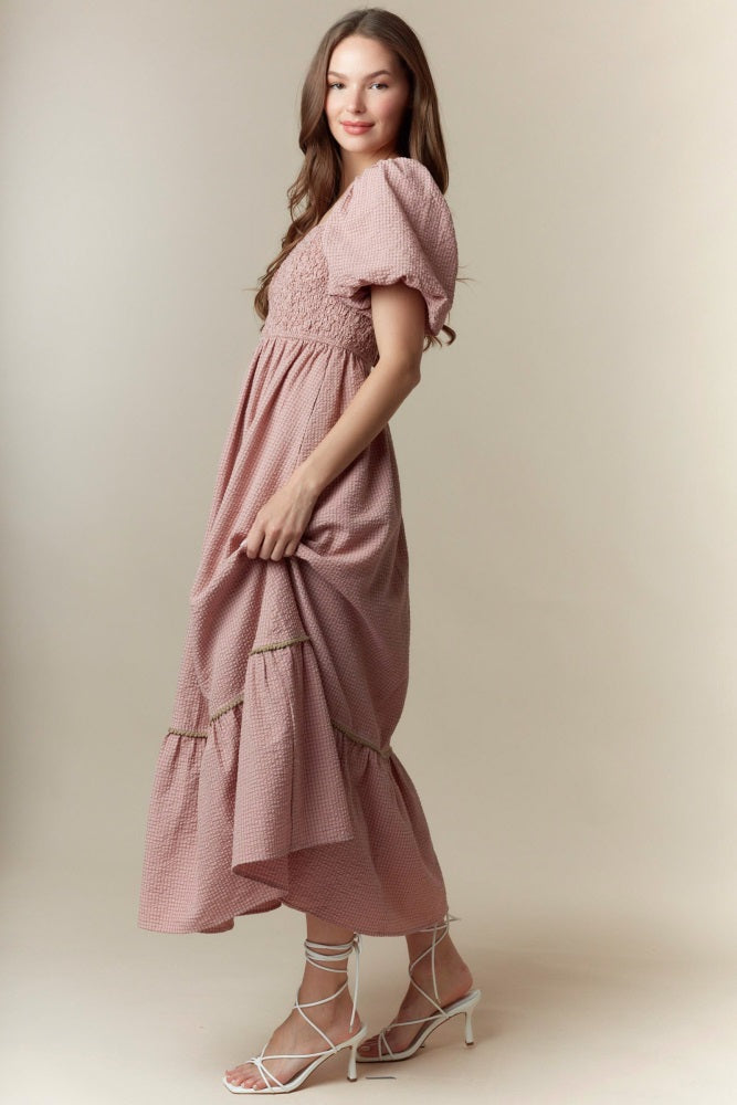 Mauve Plaid Smocked Puff Sleeve Maxi Dress