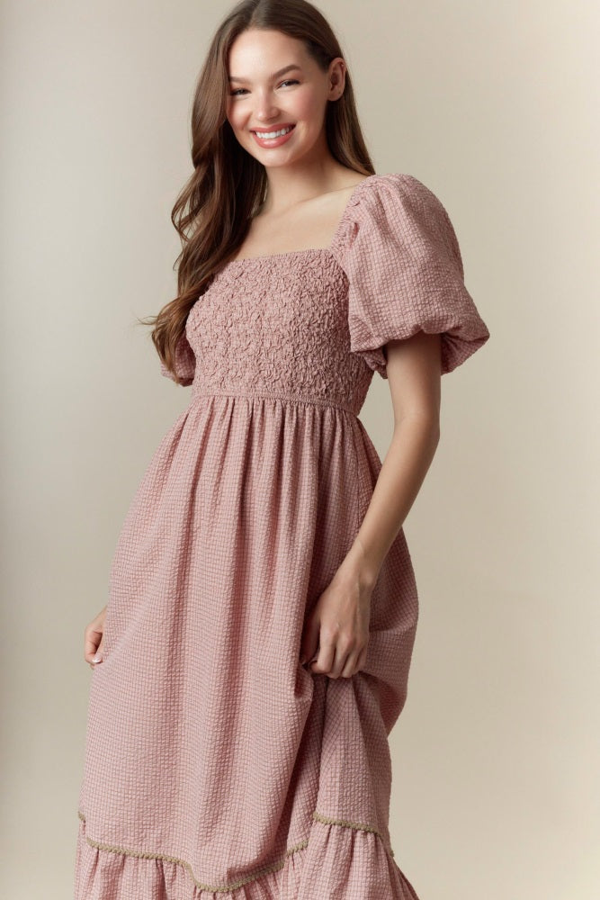 Mauve Plaid Smocked Puff Sleeve Maxi Dress