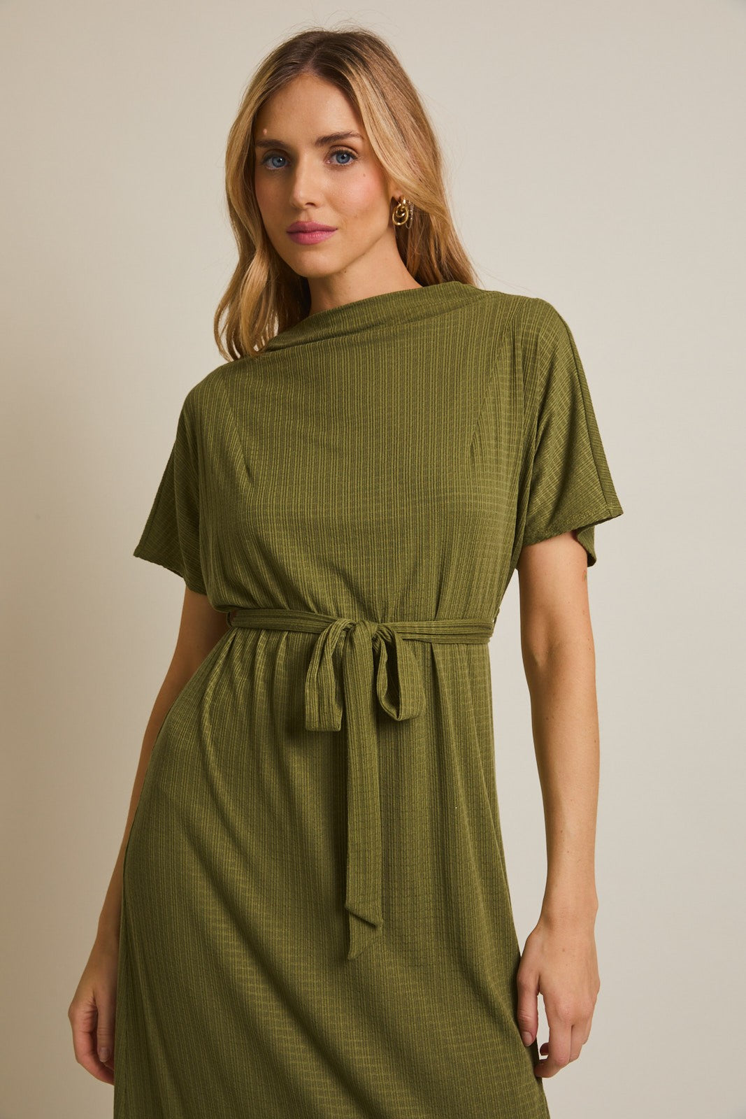 Olive Plaid Draped Neckline Sash Tie Maxi Dress