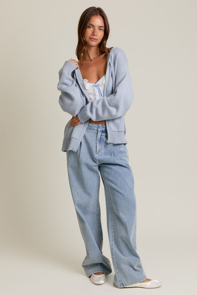 Light Blue Oversized Sweater Knit Hoodie