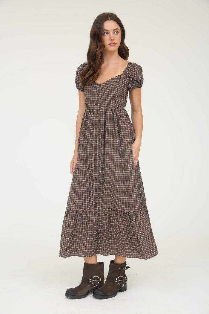 Brown Plaid Puff Sleeve Button Down Maxi Dress