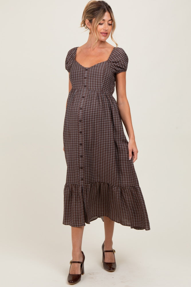 Brown Plaid Puff Sleeve Button Down Maternity Maxi Dress