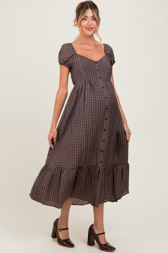Brown Plaid Puff Sleeve Button Down Maternity Maxi Dress