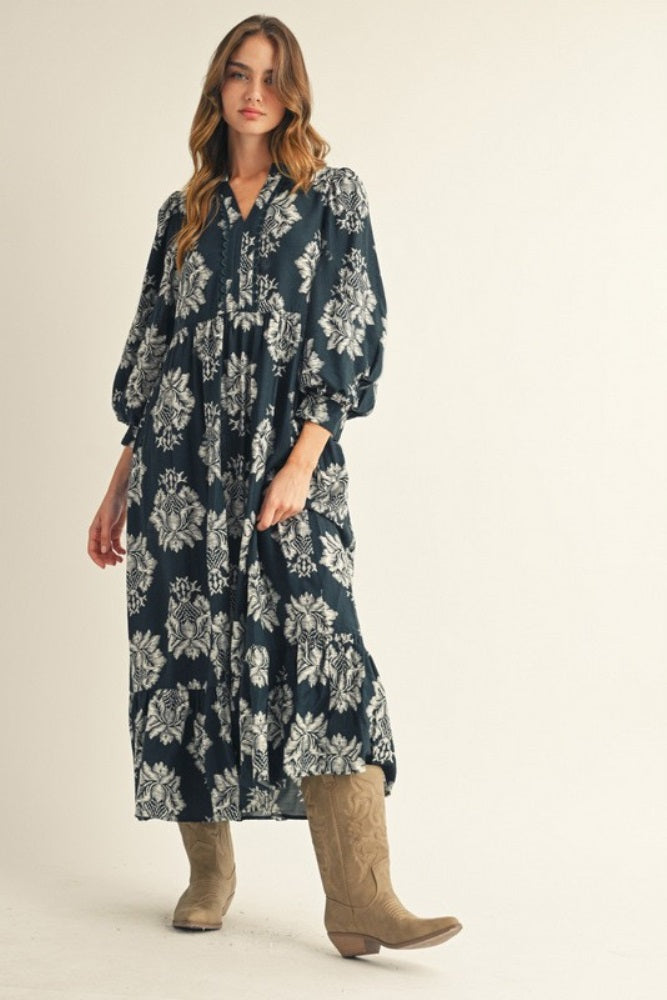 Forest Green Floral V-Neck 3/4 Sleeve Midi Dress