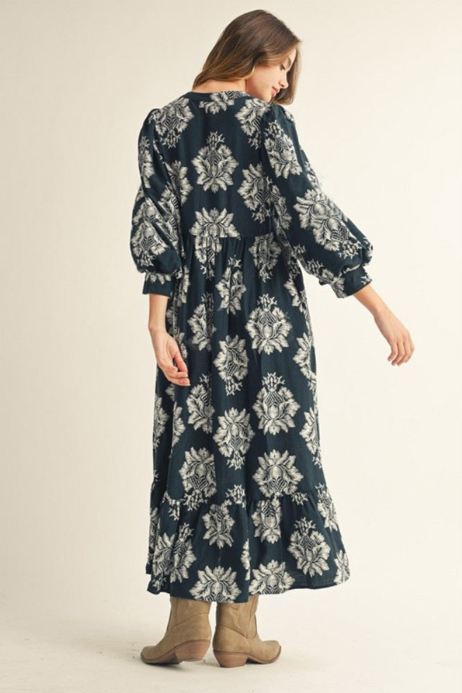 Forest Green Floral V-Neck 3/4 Sleeve Midi Dress
