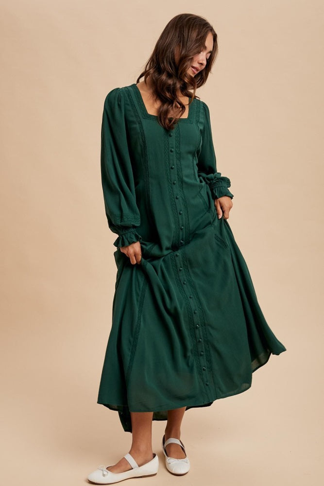 Forest Green Lace Detail Button Down Maxi Dress
