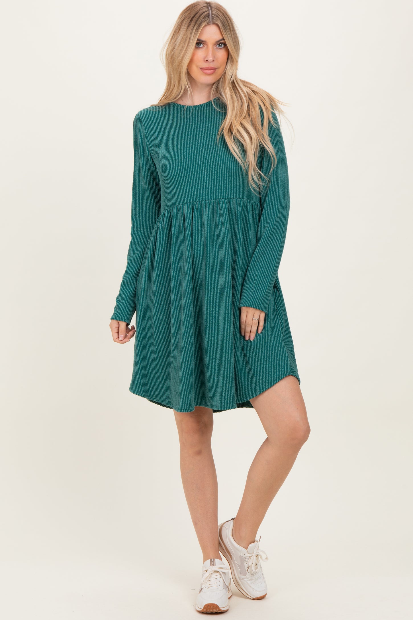 Forest Green Textured Rib Long Sleeve Dress