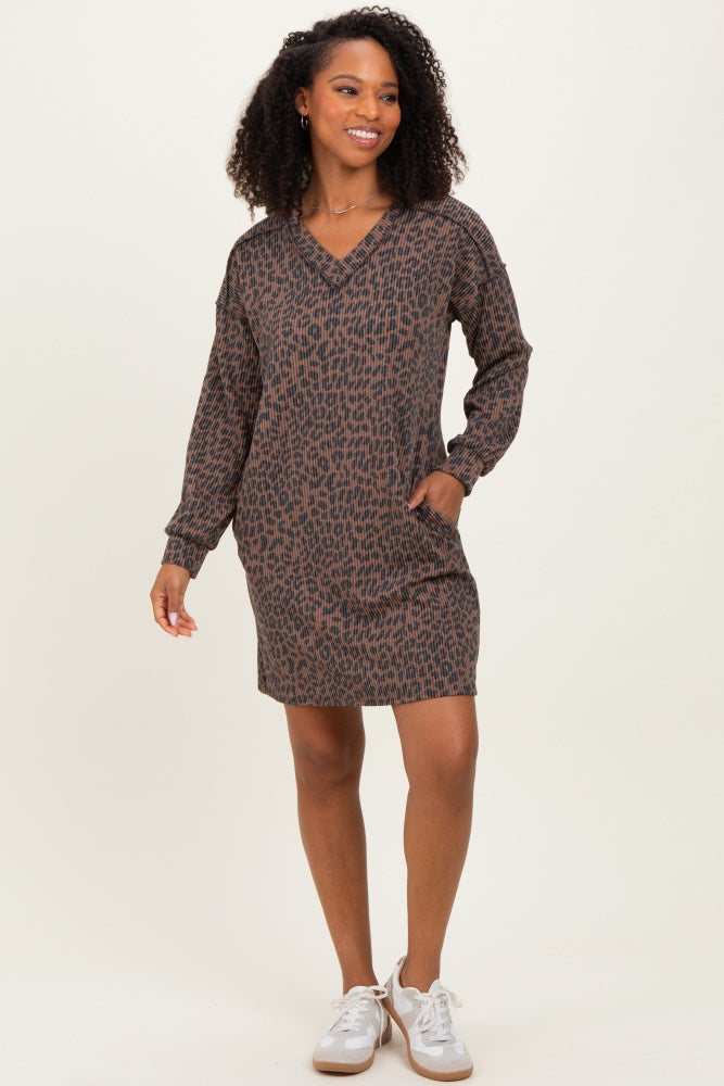Brown Animal Print Ribbed Long Sleeve Maternity Dress