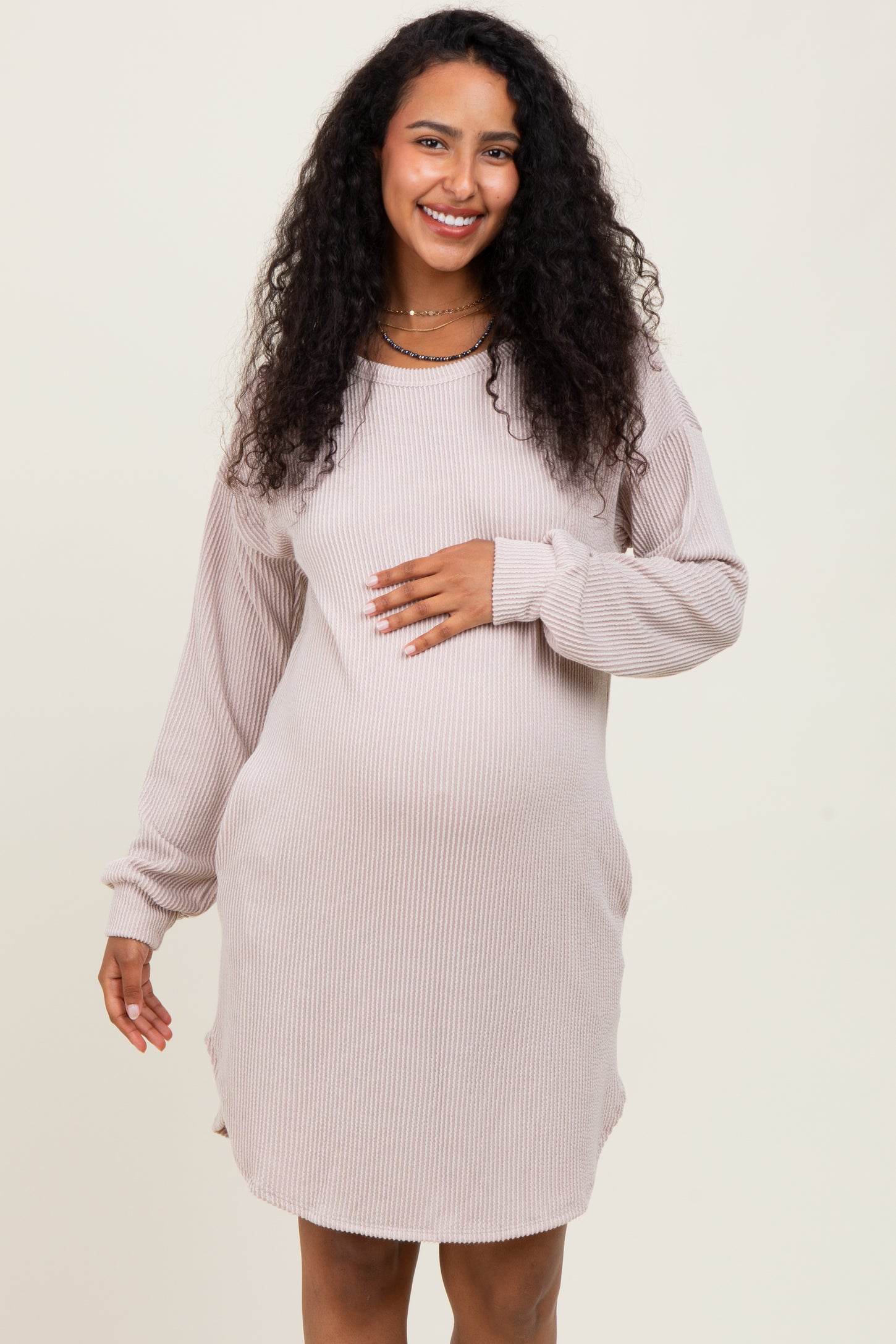 Beige Rib Knit Long Sleeve Maternity Dress
